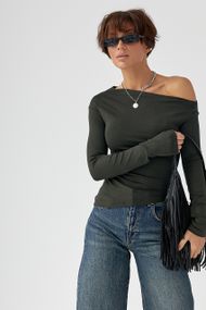 Асиметричний лонгслів з відкритим плечем - хакі цвет, S (є розміри)