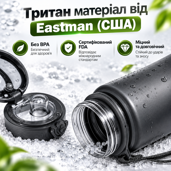 Бутылка для воды KANGZYUAN 500 мл спортивная черная Tritan BPA Free ударопрочная с герметичной крышкой и съемным фильтром | Зображення 7