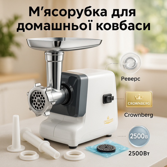 Мясорубка с насадками для нарезки овощей Crownberg, Бытовая электромясорубка для мяса с насадками UH-50