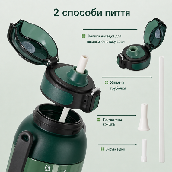 Бутылка для воды TKK 1400 мл (1,4 л) Tritan, с мерной шкалой, соломинкой и ремешком, зеленая | Зображення 3