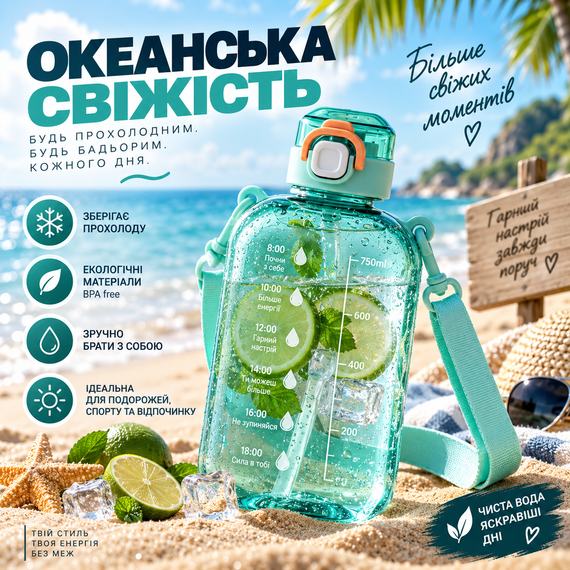 Спортивна пляшка для води SPORT 750 мл з ремінцем — багаторазова BPA-free пластикова пляшка з герметичною кришкою, бірюзова | Зображення 6