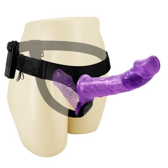 Подвійний страпон із вібрацією фіолетовий - Ultra Passionate Harness Dual Vibration Purple Sex Aura | Зображення 1