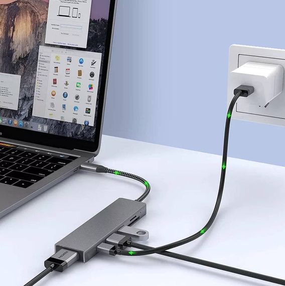 USB-концентратор Адаптер Airsky USB и USB C 5-в-1 3USB 3.0 USB C PD Card Reader серый. | Зображення 5