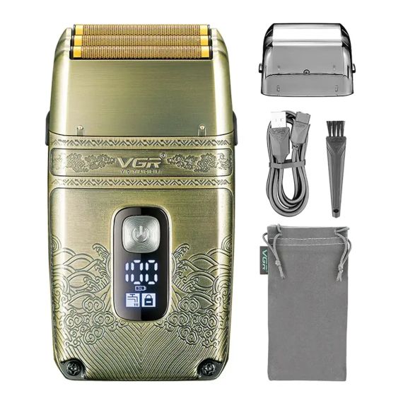 Електробритва шейвер VGR V-335 від USB, з LED-дисплеєм, Золотистий/Професійна бритва з трьома ножовими блоками | Зображення 3