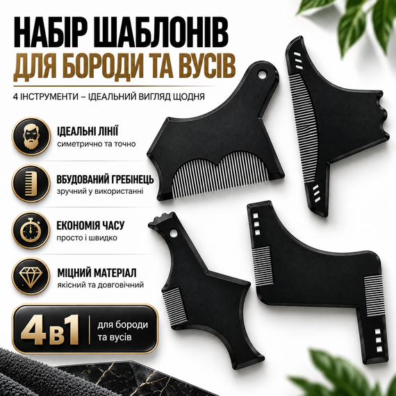Набор шаблонов для моделирования и стрижки бороды и ус 4 в 1, профессиональный трафарет-расческа для бритья | Зображення 8