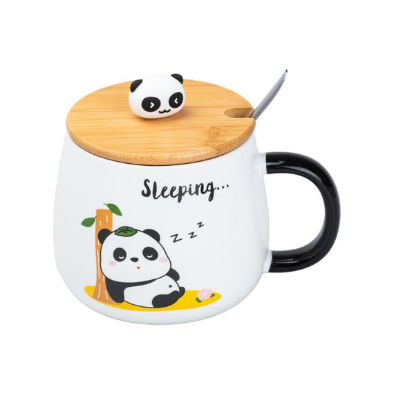 Чашка керамічна Panda 450 мл з кришкою та ложкою, sleeping