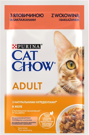 Вологий корм Purina CAT CHOW Adult для дорослих котів, яловичина та баклажани 85г