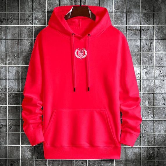 Мужской теплый худи на флисе с принтом Тризуб OC226633 цвет красный, размер XS