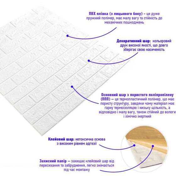 3D панель самоклеюча цегла 690х780х5мм Білий Матовий (001-5M) SW-00000587 | Зображення 1
