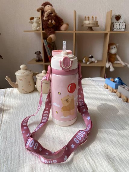 Термос дитячий для напоїв з трубочкою 450мл Рожевий + щіточка в подарунок | Зображення 7