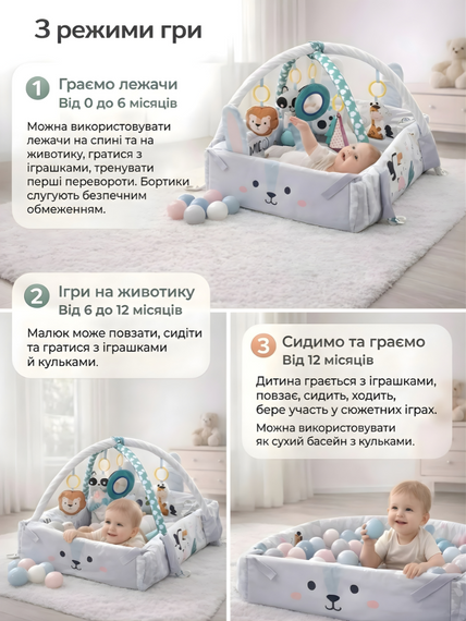 Розвивальний килимок Кролик 3в1 з м'якими бортиками та подушкою 102х110 см Сірий | Зображення 5