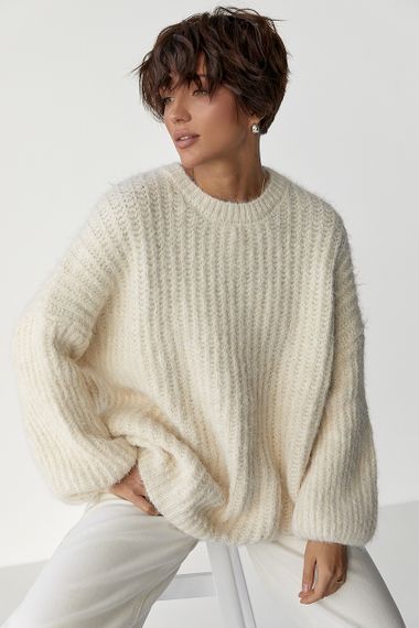 Тепла жіноча кофта з рукавами-ліхтариками - молочний цвет, ONE SIZE (є розміри) | Зображення 4