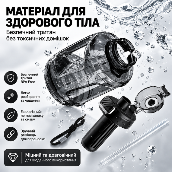Пляшка для води NRMEI 2600 мл з Тритану: Спортивна, Герметична, з Ручкою та Ремінцем, Чорна | Зображення 5