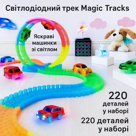 Детский гоночный трек Magic Tracks 220 деталей, светится в темноте, с машинкой с подсветкой | Зображення 1