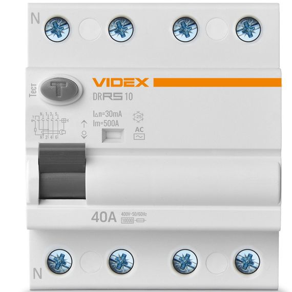 Пристрій захисного відключення (ПЗВ) VIDEX RESIST АС 4п 30мА 10кА 40А (VF-RS10-DR4AC40) | Зображення 1