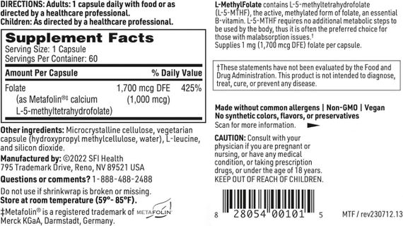 L-метилфолат, L-Methylfolate, Klaire Labs, з високою біодоступністю, гіпоалергенний, 1000 мкг, 60 капсул | Зображення 1