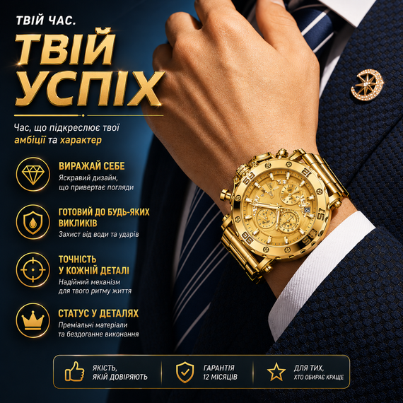 Мужские наручные часы Poedagar 892 Gold со светящимися в темноте стрелками золотистый металлический браслет | Зображення 4