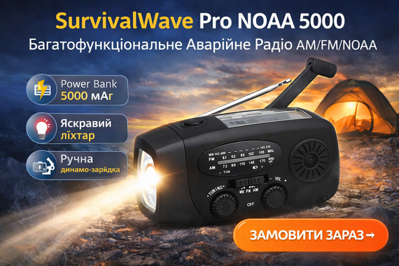 SurvivalWave Pro NOAA 5000 — Багатофункціональне Аварійне Радіо AM/FM/NOAA з Power Bank, Ліхтарем і Ручною Динамо-Зарядкою
