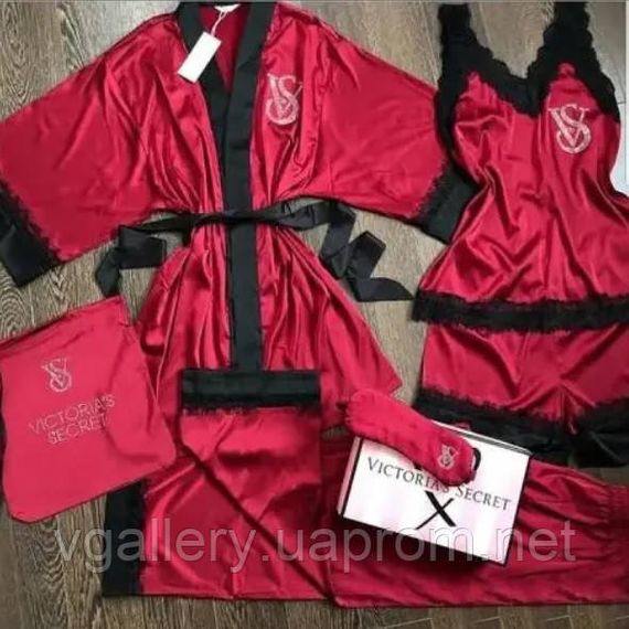 Комплект женский Пижама 6 в 1 атласная  -  Victoria`s Secret Виктория Сикрет  со стразами L, Бордовый