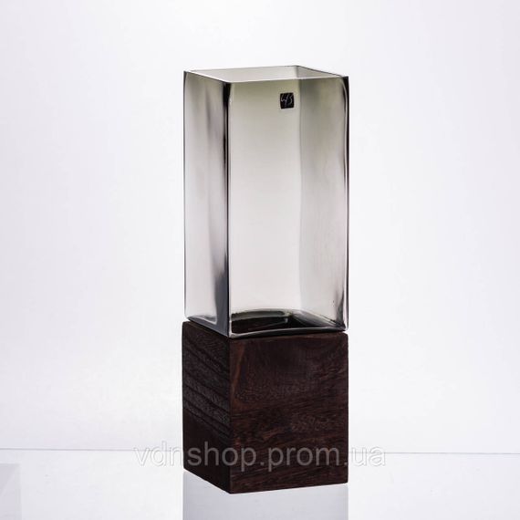 Скляна декоративна ваза квадратна, стильна ваза скло з деревом для квітів прозора HP-32-7