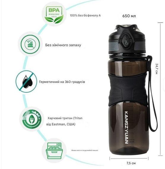 Пляшка KANGZYUAN 650 мл — Чорна Tritan BPA-free, ударостійка, спортивна з ергономічною кришкою | Зображення 9