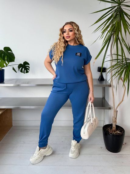 Женский спортивный костюм с лампасами штаны и футболка KF045 цвет синий, размер 48/50 | Зображення 3