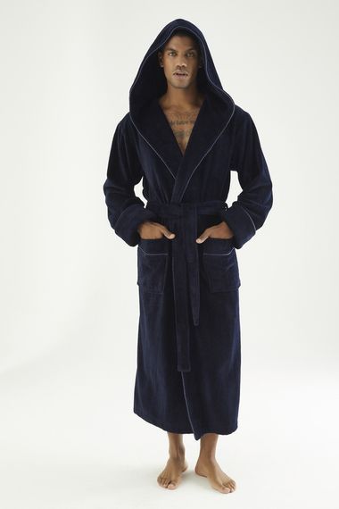 Чоловічий халат велюровий Nusa 7230 з капюшоном, темно-синій, 2XL | Зображення 1