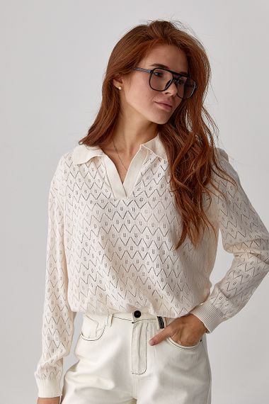 Кофта-поло з ажурної в'язки - молочний цвет, ONE SIZE (є розміри)