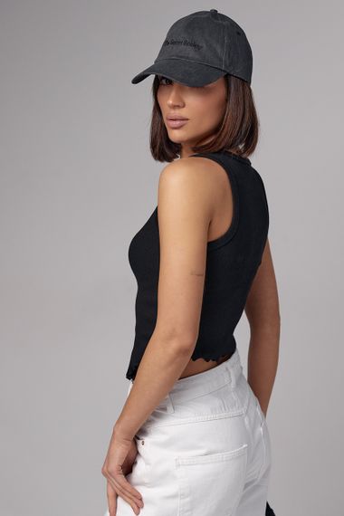 Женская майка в рубчик с асимметрией и надписью Amour - черный цвет, L (есть размеры) | Зображення 1