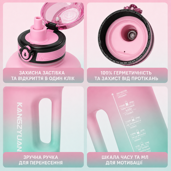 Спортивна пляшка для води KANGZYUAN 1800 мл (1,8л) Рожевий градієнт (BPA Free) Tritan | Зображення 6