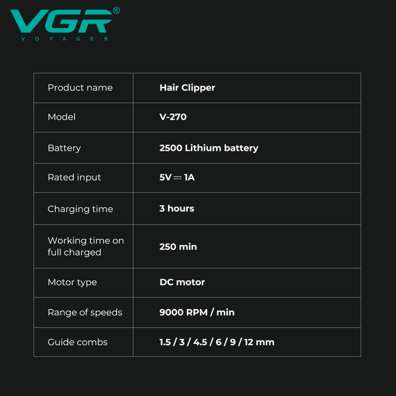 Аккумуляторная машинка для стрижки VGR V-270, 6 насадок, 9000 RPM, 2500 mAh, LED дисплей | Зображення 2