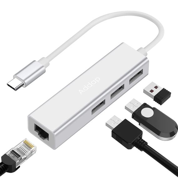 USB Type-C Хаб | адаптер на 3 порта USB 3,0 для ноутбука Addap MH-05, с интернет подключением Ethernet RJ-45 1000 Мбит/с