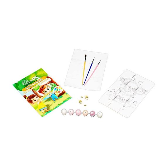 Деревʼяний пазл-розмальовка А5 "Поросятко" Puz-22939 пензлик, фарби, клейка плівка | Зображення 1