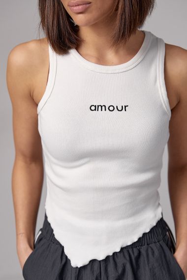 Жіноча майка в рубчик з асиметрією і написом Amour - молочний цвет, L (є розміри) | Зображення 3