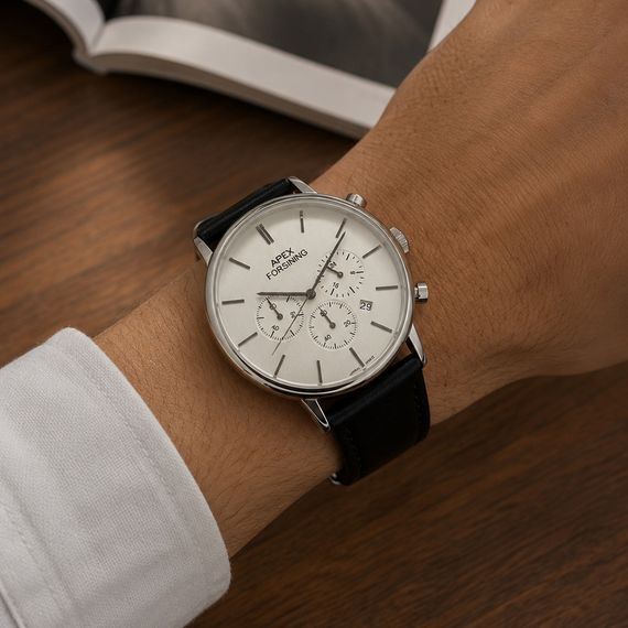 Чоловічий годинник Forsining 8312 Black-Silver-White з хронографом та шкіряним ремінцем | Зображення 5