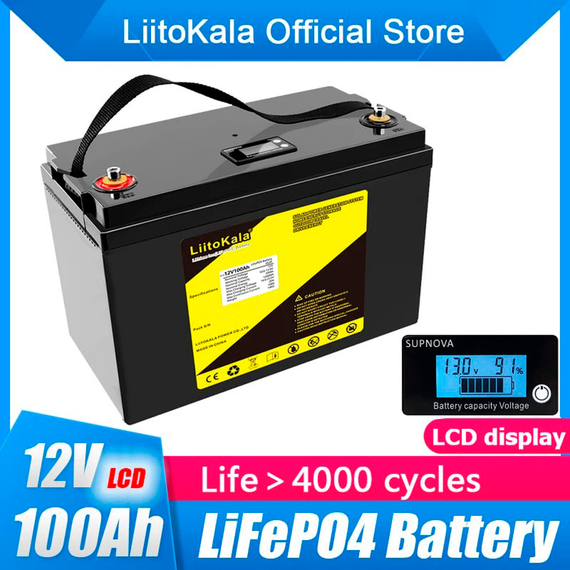Акумулятор LiFePO4, LiitoKala, 12 В, 100 Ач, с LCD дисплеєм, BMS smart плата | Зображення 1