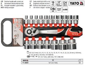Набор головок торцевых YATO Польша трещотка 1/2'' 8-24 мм L=38 мм 19 штук YT-38681