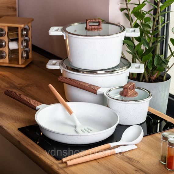 Набор посуды алюминий с толстым дном MGC с лопаткой, половником и щеткой белый HP-4-406W | Зображення 6