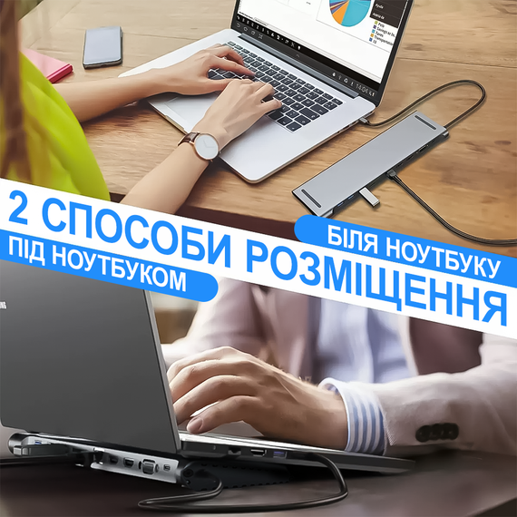 12в1: Багатопортовий USB Type-C хаб / підставка для ноутбука Addap MH-16: HDMI + USB A + PD + USB C + SD + RJ45 + VGA + 3,5mm | Зображення 3