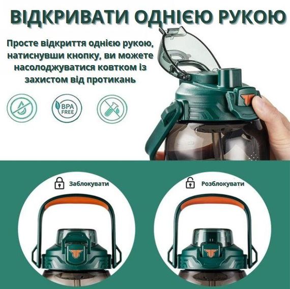 Бутылка TKK 2000 мл - Зеленая Tritan BPA-free, ударопрочная, спортивная с практичным ремешком | Зображення 3