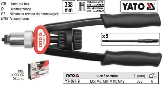 Заклепочник YATO Польша двуручный для гаек нито резьбовой М5-12 l=338 мм YT-36119