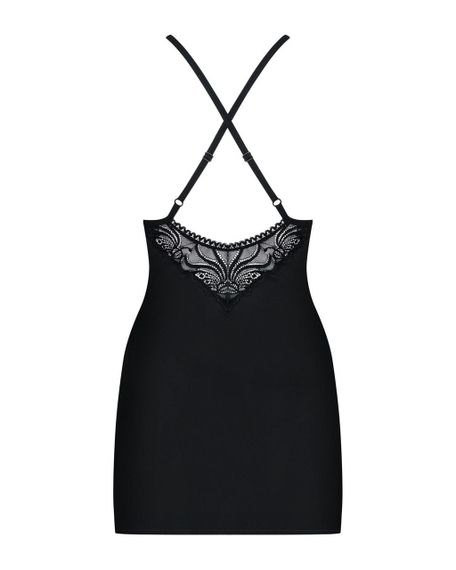 Сатиновий комплект для сну з мереживом Obsessive 828-CHE-1 chemise & thong, чорний, сорочка, стр, S/M | Зображення 5