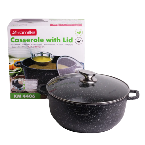Каструля литий алюміній 6,5л 28*12,5см скляна кришка а/п Black marble 4406 KAMILLE | Зображення 2