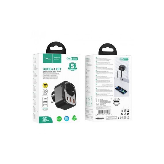 Мережевий фільтр HOCO NS3 на 1 розетку + 2 USB + USB-C, 20W, 220В, Black | Зображення 3