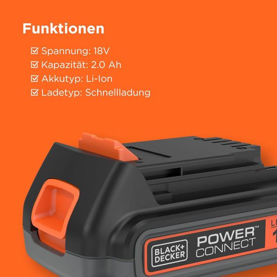 Аккумулятор Black+Decker 18V, 2.0AH, литий-ионный для электроинструментов POWERCONNECT, BL2018-XJ, Li-Ion | Зображення 3