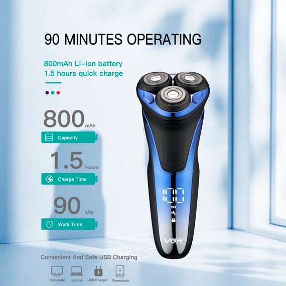 Электробритва VGR V-306, роторная, IPX7, LED дисплей | Зображення 2