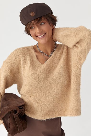 В'язаний джемпер з V-подібною горловиною - світло-коричневий цвет, ONE SIZE (є розміри)