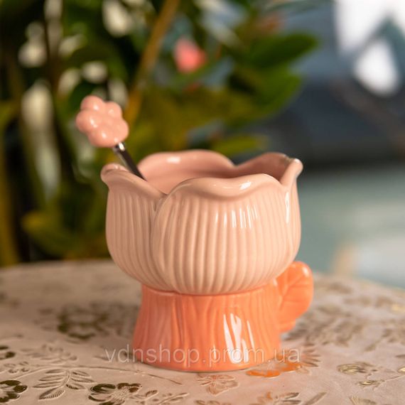 Креманка порцелянова з ложкою у формі квітки 300 (мл) креманка для десертів, морозива та желе Рожевий FM-42P