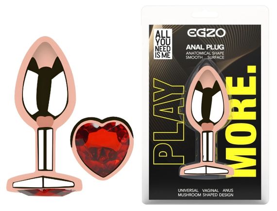 Анальная пробка EGZO Rose Gold Heart M, стальная с красным кристаллом, розовое золото Sex Aura
