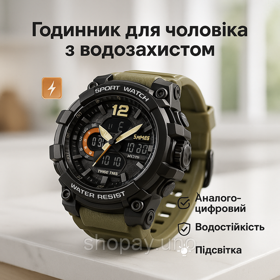Годинник наручний чоловічий SKMEI 1343KH KHAKI, водостійкий тактичний годинник. Колір: хакі